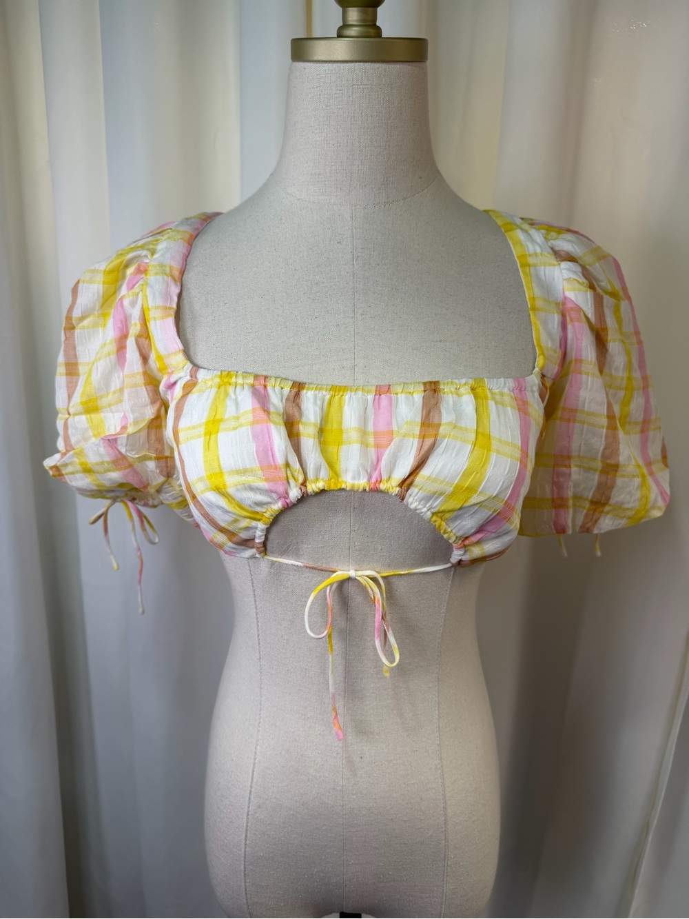 NWT For Love & Lemons ‘Rue’ Puff Sleeve Crop Top in Yellow & White Plaid Size S - Picture 3 of 16